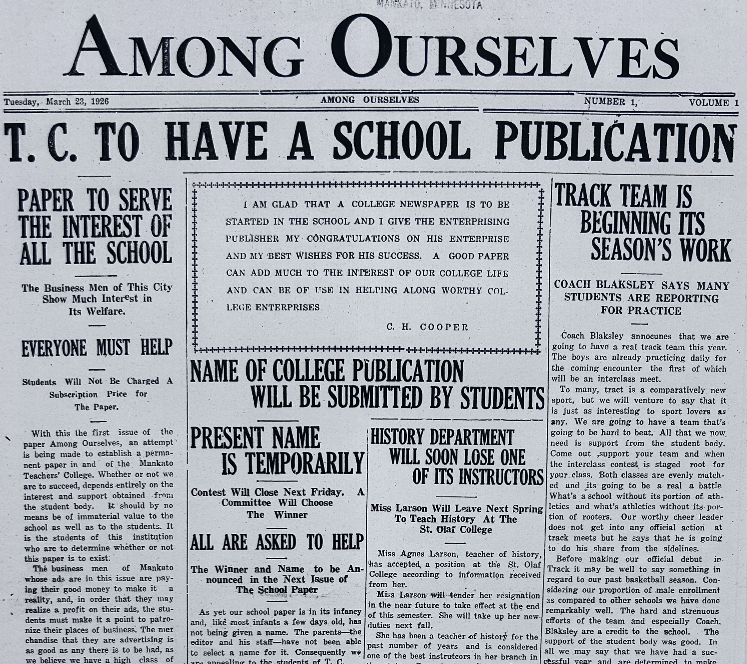 Front page of old MSU college newspaper dating back to 1926. 