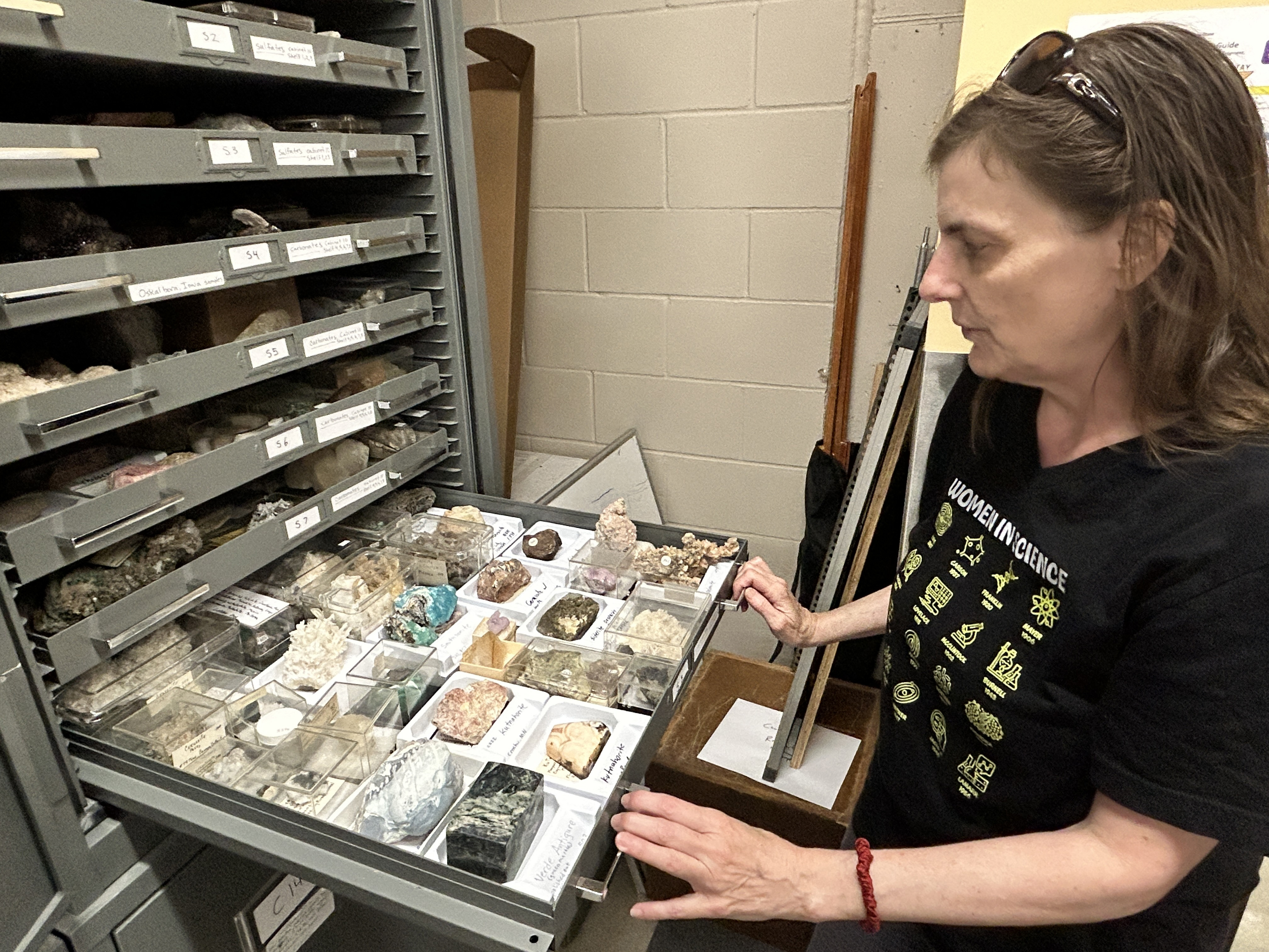 Professor Wisely organizing the minerals into trays