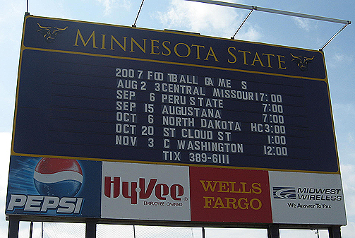 Minnesota State University scoreboard showing upcoming games and dates