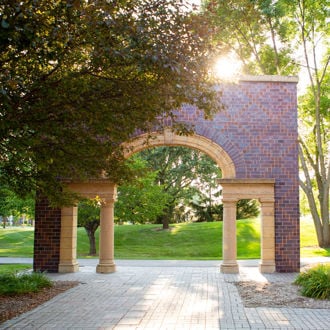 The gateway infront of the clock tower at mnsu