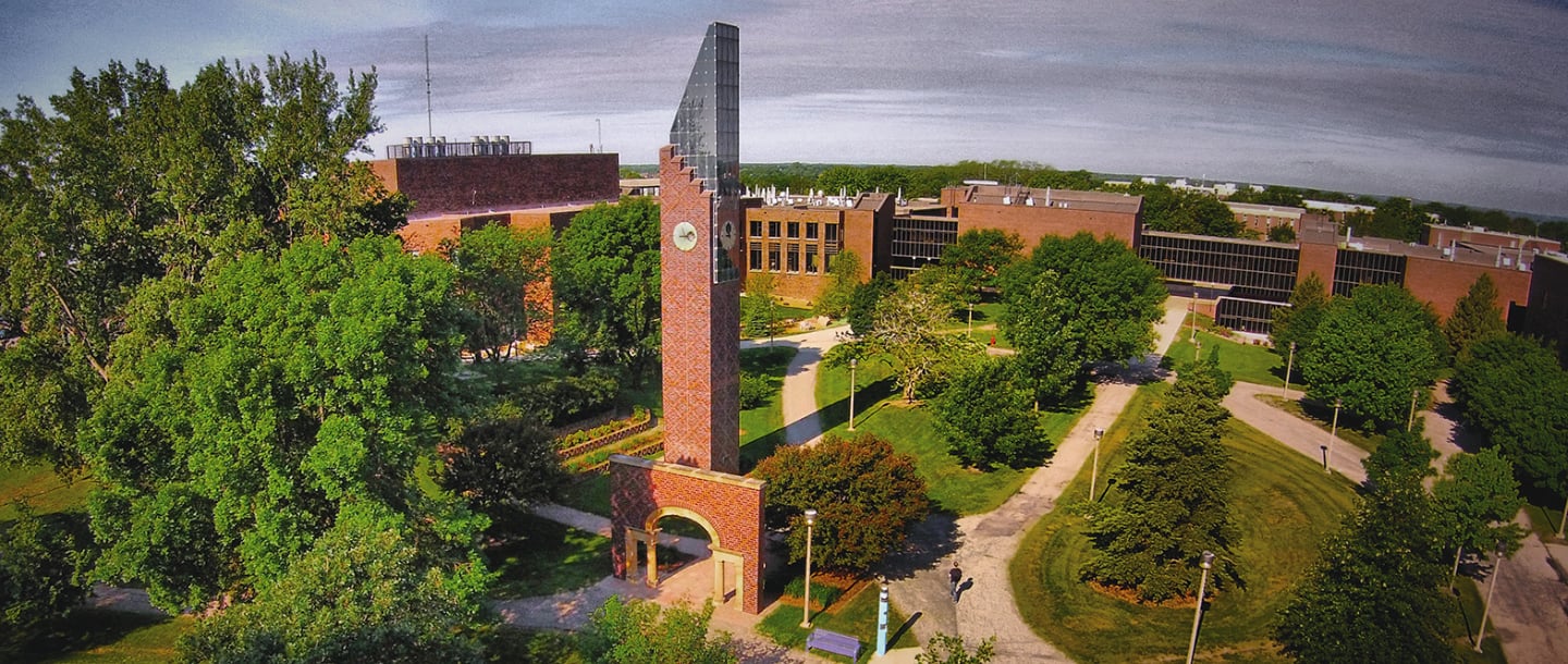 aerial view of the bell tower and surrounding campus grounds