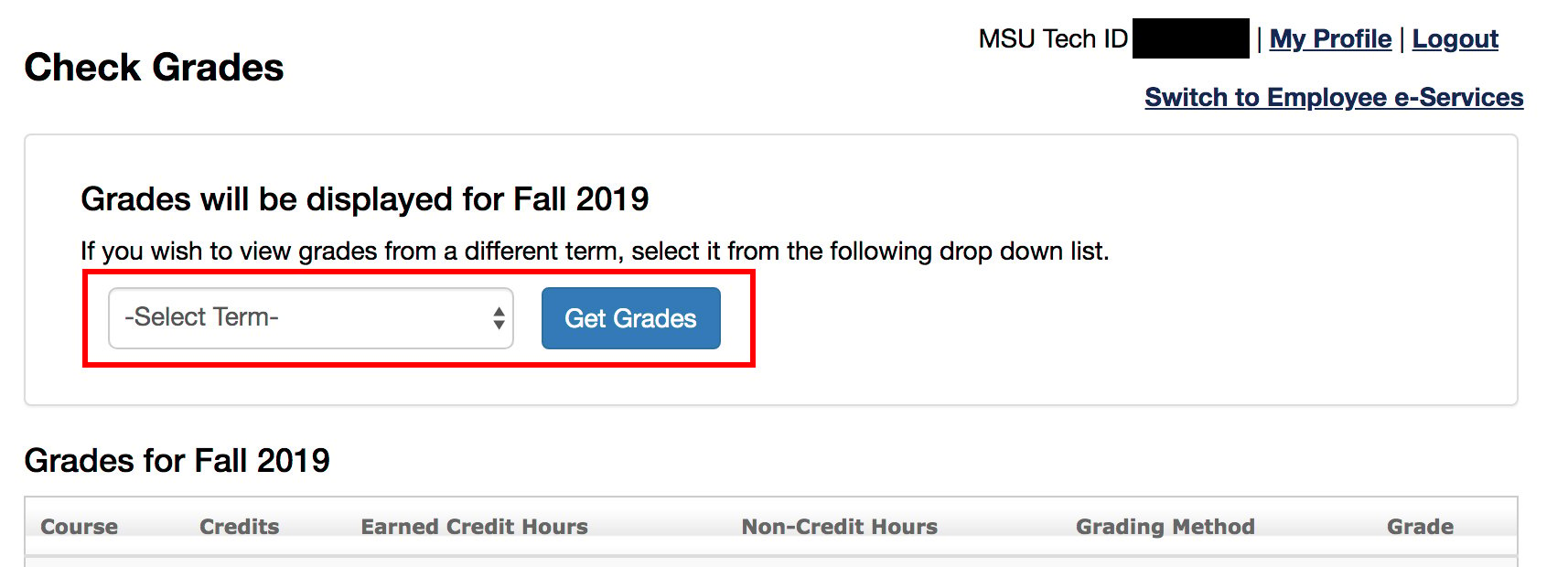 select term drop down in grades section of e-services