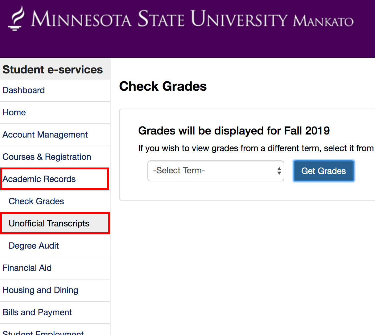 unofficial transcripts link in left-hand navigation of e-services