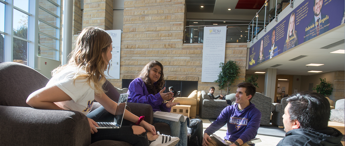 students sitting in the lower level of the CSU studying and having an engaging discussion