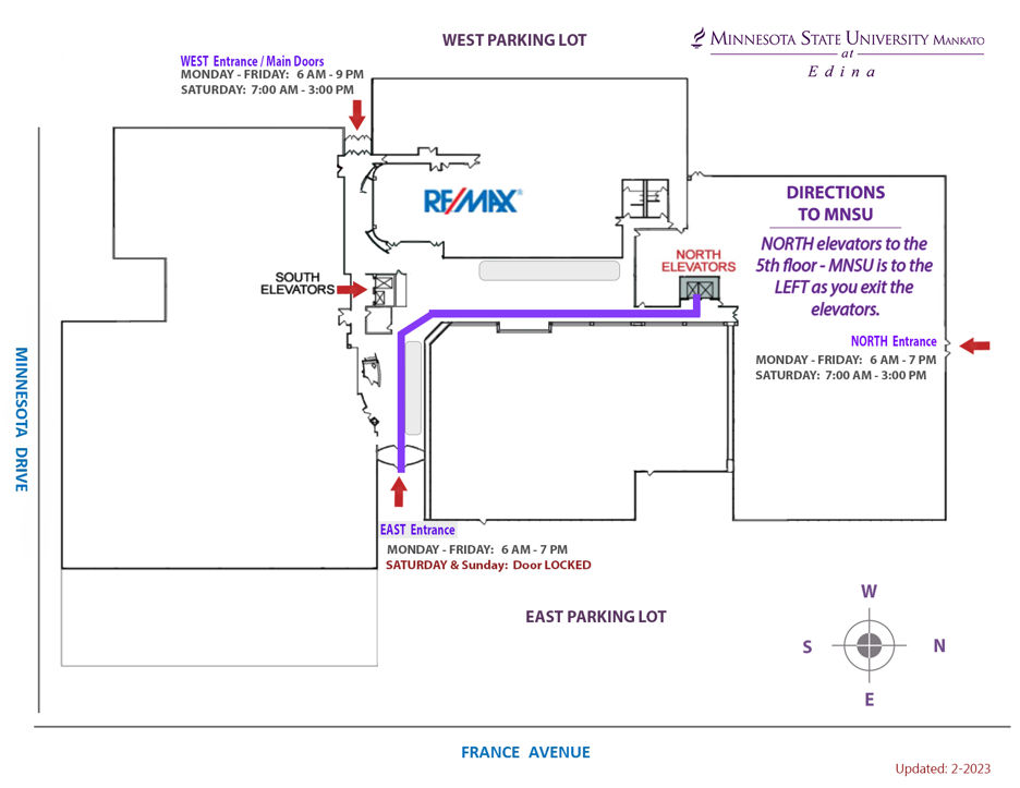 Illustrated parking map and directions to Minnesota State University, Mankato at Edina from the East entrance