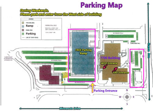 Parking map of Minnesota State University, Mankato at Edina showing the 7700 Building, free parking ramp with verbiage that says during weekends, please park and enter from the West side of the building