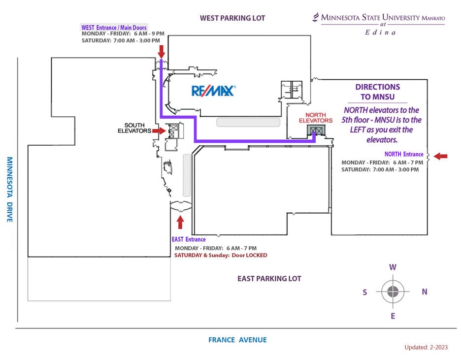 Illustrated parking map and directions to Minnesota State University, Mankato at Edina from the West entrance