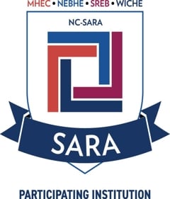 a logo with a blue ribbon