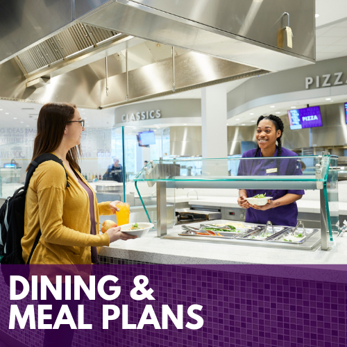 Dining and meal plans photo with a student ordering food at the dinning hall as the food service worker serves the food with a smile