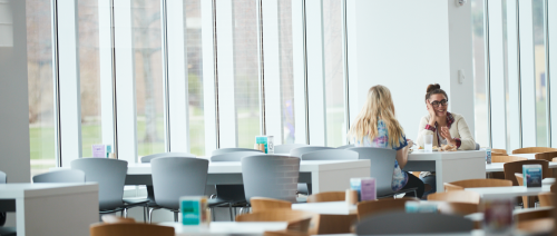 Two students at a table in the dining center talking