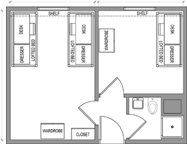 A floor plan of thr Basic full-bath suite adressing the bedroom, closte, dresser, desk, bathroom, wadrobe, bed, shelf locations