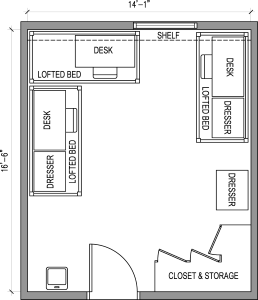 Floor plans of a basic triple room with approximate dimensions of 14 feet 1 inch by 16 feet 6 inches