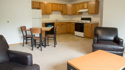 Stadium heights five person apartment with a full kitchen, dining table and chairs, sofa, chairs and coffee table