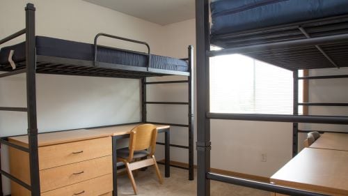 Renovated room with two beds and two desks
