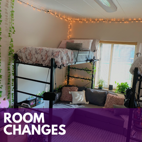 Inside view of a decorated double semi-suite dorm room