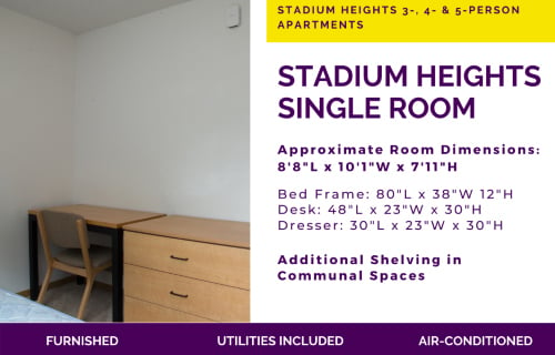 Stadium Heights single room with bed, desk and dresser