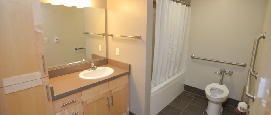 View of bathroom inside the G Hall Resident staff apartment