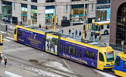 lightrail wrapped in Minnesota State Mankato branding