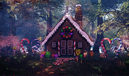 a gingerbread house in the woods