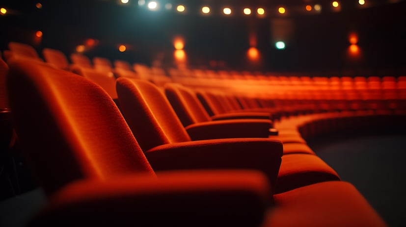 Rows of red theatre seats.